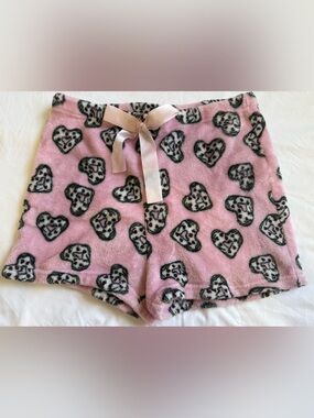 Plush Pink Heart-Print Lounge Shorts with Satin Bow